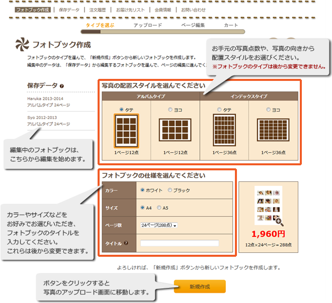 フォトブックの作り方 手順2 写真の配置タイプと、カラーやサイズ、ページ数などフォトブックの仕様を選んで、フォトブックを作成します。