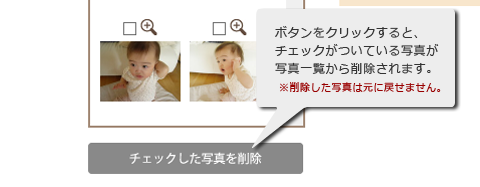 フォトブックの作り方 写真一覧について アップロードした写真を削除するには、削除したい写真にチェックを入れ、写真一覧下の「チェックした写真を削除」をクリックしてください。